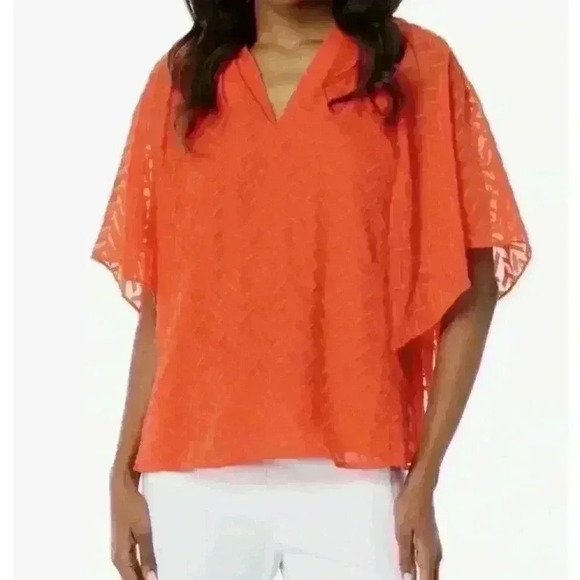 VINCE CAMUTO- NWT Orange Citrus Splash Ruffled Sleeves Blouse Sz Small - Picture 1 of 15